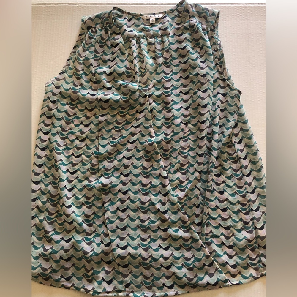 Cabi 342 Tweet Bird Teal & Navy Blue Sleeveless Wrap Blouse Medium